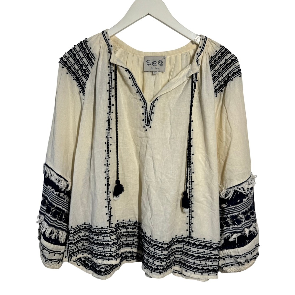 Sea New York Embroidered Fringe Cotton Peasant Blouse Cream Navy S Boho Concert
